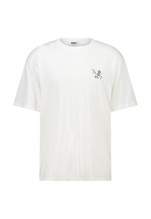 Witte t-shirt met korte mouwen met een kleine afbeelding van een knallende kurk en de tekst "Popping Bottles" op de linkerkant van de borst.