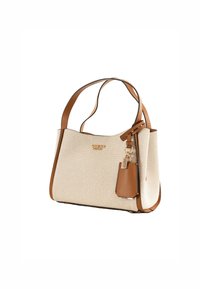 Beige strukturiertes Stoffhandtasche mit braunen Lederakzenten und -riemen. Verfügt über einen Schlüsselanhänger und ein abnehmbares Etikett, strukturierte Form.