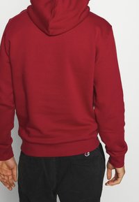 Sweat à capuche rouge à texture lisse, poignets et ourlet côtelés, avec une étiquette de logo sur le côté inférieur. Design ajusté, sans motifs visibles.