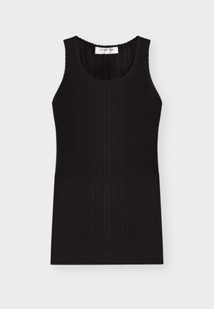 Sort ribstrikket ærmeløs tanktop med rund halsudskæring, tætsiddende pasform og et lille hvidt mærke på indersiden af bagkraven.