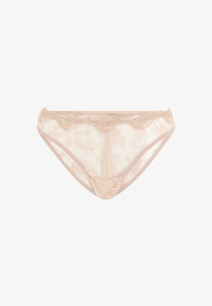 Culotte bikini en dentelle couleur beige clair, ornée de motifs floraux, avec des bords festonnés et une texture lisse. Style mi-haut avec une couverture minimale.