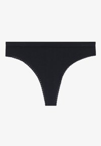 Black ribbed thong with lace trim along the edges. Features a simple design and smooth texture. No additional patterns or hardware.