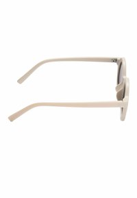 Okrúhle slnečné okuliare s béžovým plastovým rámom, tmavými sklami a úzkymi stranami. Minimalistický dizajn, hladký povrch, bez viditeľných log alebo vzorov.