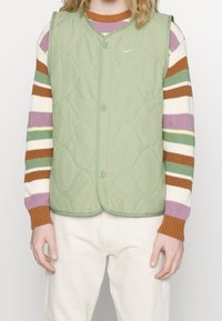 Ljust grön quiltad väst med knappar, bärs över en flerfärgad randig tröja med beige, bruna, gröna, lila och vita ränder.