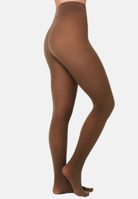 Collant trasparenti marroni con un alto punto vita, texture liscia e finitura leggermente lucida, che si adattano alla forma della gamba senza cuciture.