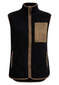 Gilet in pile nero con dettagli color beige. Caratterizzato da colletto alto, zip frontale, tasche laterali e tasca sul petto con zip. Tessuto morbido.