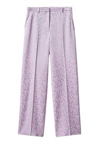 Light purple wide-leg trousers featuring a textured pattern of subtle dots, front pleats, and side pockets for functional design.
