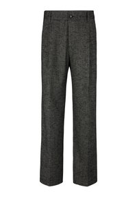 Grijze gestreepte broek met een recht model, riemlussen, een enkele knoopsluiting en twee zijzakken voor functionaliteit.