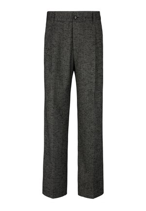 Graue gemusterte Hosen mit geradem Schnitt, Gürtelschlaufen, einem einzigen Knopfverschluss und zwei seitlichen Taschen für Funktionalität.