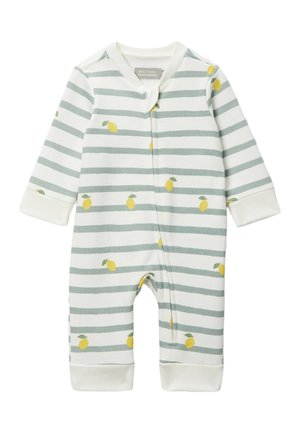 Barboteuse à manches longues pour bébés avec rayures grises et imprimé citrons jaunes, poignets blancs et fermeture éclair devant.