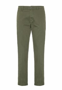 Chinos in cotone verde oliva con vestibilità slim, dotati di chiusura frontale con bottone, passanti per cintura, tasche laterali e una texture morbida.
