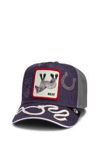 Purple denim baseball cap with gray mesh sides, features an embroidered sloth patch with "BEAT" text and white embroidered logo on the brim.