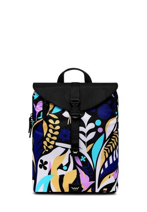 Backpack with a black flap and colorful floral patterns in blue, pink, yellow, and white on a black background; features a top handle and adjustable straps.