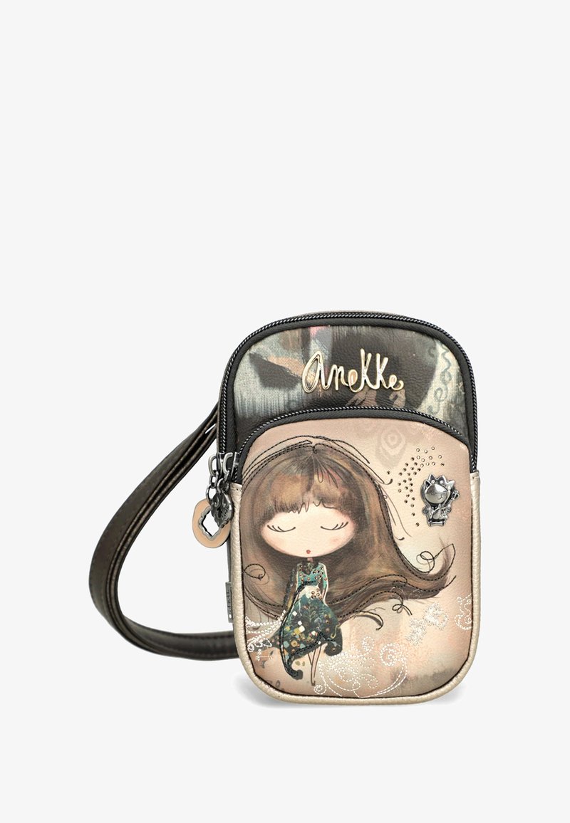 Wielokolorowa, syntetyczna torebka na ramię z zabawnym wzorem postaci, gładką teksturą, zamknięciem na zamek błyskawiczny oraz regulowanym paskiem.