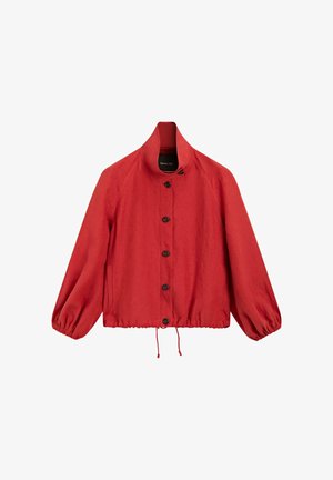 Rote Jacke mit langen Ärmeln, hohem Kragen, Knopfverschluss vorne, elastischen Bündchen, seitlichen Taschen und verstellbarem Kordelzug am Saum.