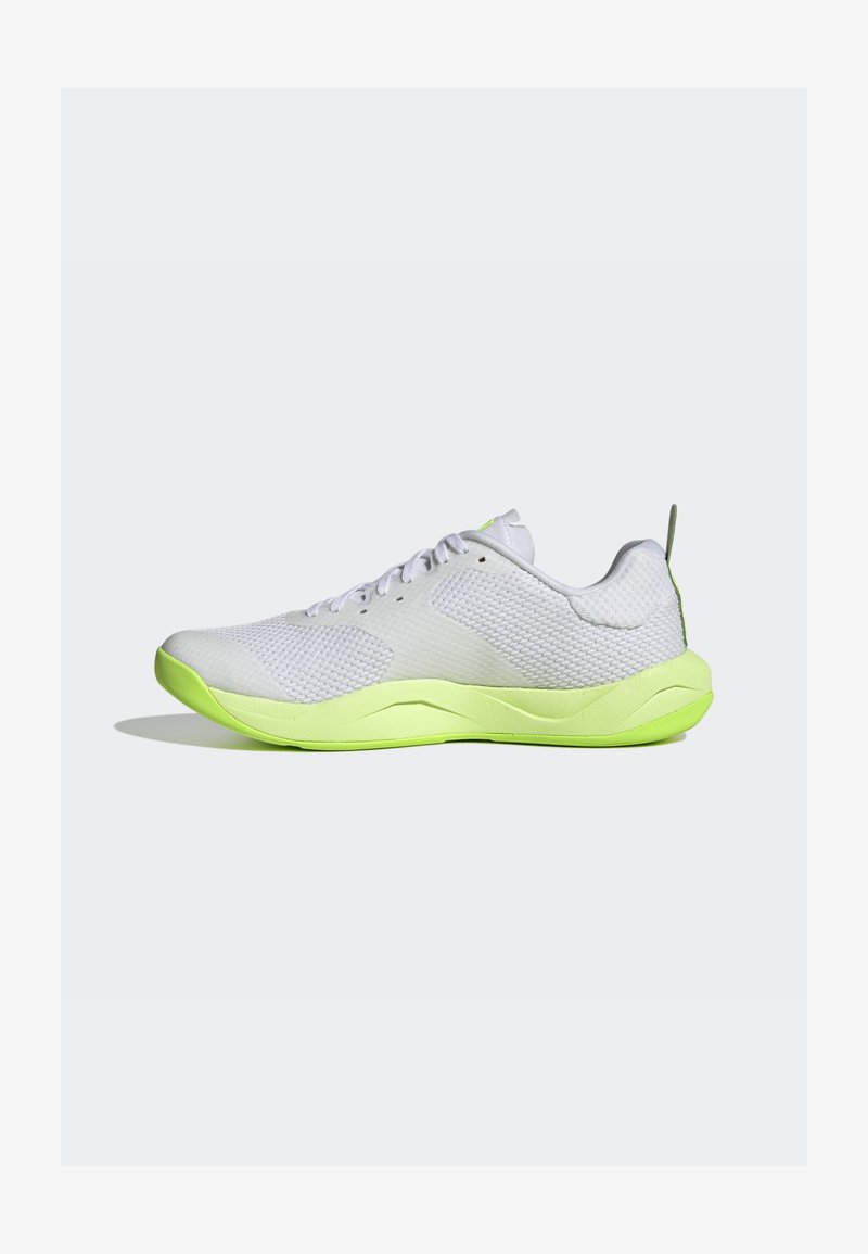White athletic shoe with a textured mesh upper and bright green sole. Features a rounded toe and a streamlined design.