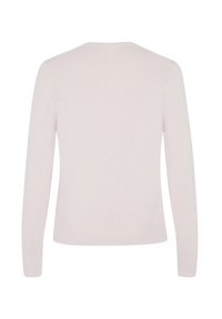 Maglione a maglia rosa chiaro con maniche lunghe e scollo a rotondo, caratterizzato da una superficie liscia e una silhouette aderente, privo di motivi o decorazioni.