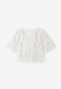 Weißes Spitzenoberteil mit kurzen, ausgestellt geschnittenen Ärmeln. Aufwendige florale und geometrische Muster, gewellter Saum, leichtes, halbtransparentes Gewebe.