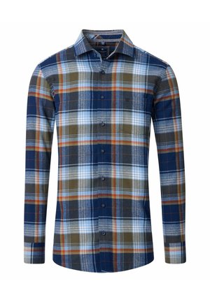 Koszula w kratę z długim rękawem w odcieniach niebieskiego, zielonego i pomarańczowego, z zapięciem na guziki, kołnierzykiem oraz teksturowanym materiałem o różnych wzorach w kratę.