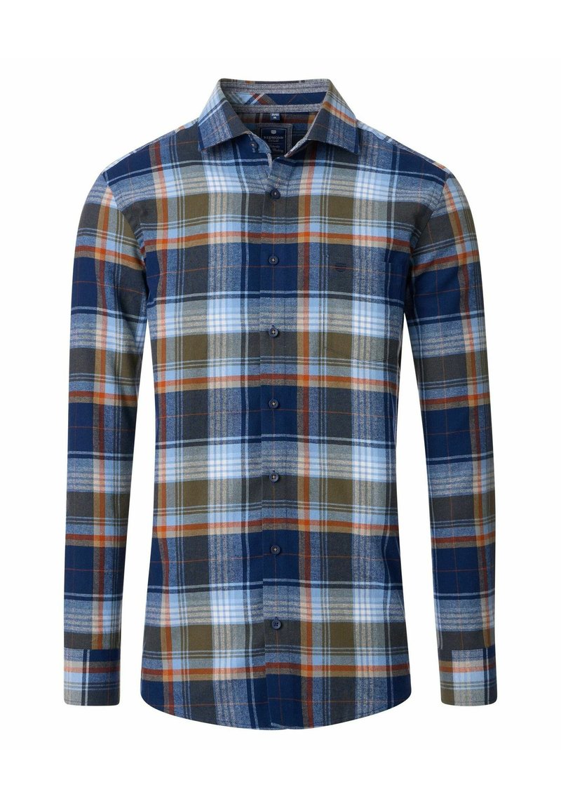 Langarm geruite overhemd in blauw, groen en oranje tinten, met een knoopsluiting, kraag en een textuur met verschillende ruitpatronen.