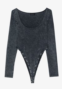 Long-sleeve bodysuit in dark gray denim. Features a scoop neck and a form-fitting design with high-cut leg openings and visible stitching details.