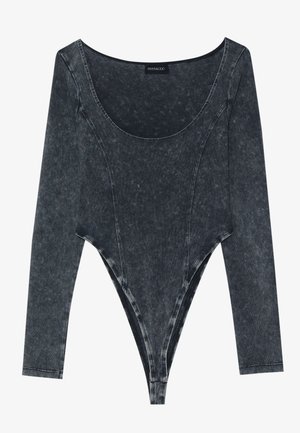Long-sleeve bodysuit in dark gray denim. Features a scoop neck and a form-fitting design with high-cut leg openings and visible stitching details.