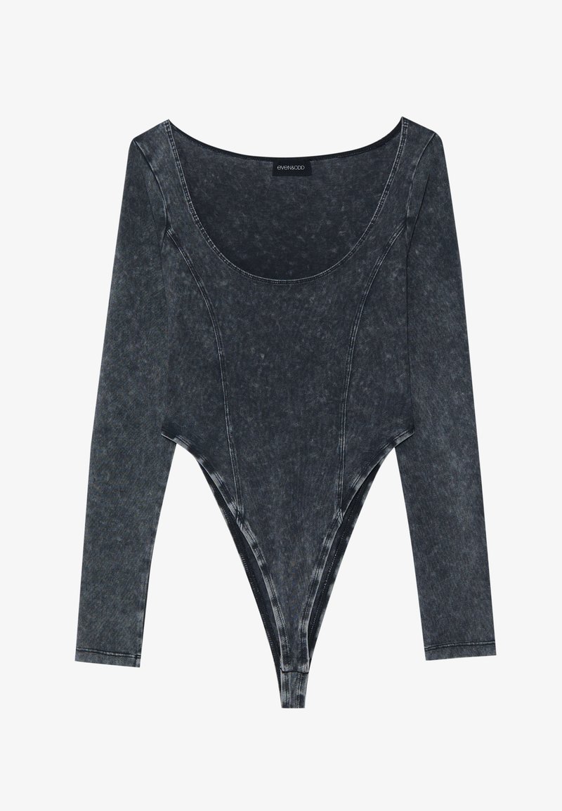 Body à manches longues en denim gris foncé. Présente un décolleté plongeant et un design ajusté avec des ouvertures de jambes échancrées et des détails de couture visibles.
