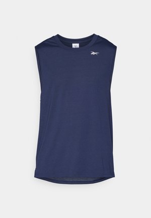 Navy athletic sleeveless shirt with a crew neckline, made from breathable fabric featuring a subtle texture and a small logo on the front.