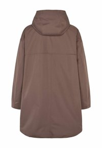 Manteau long marron à capuche avec manches longues vu de dos sur fond blanc.