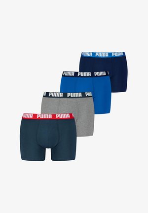 PUMA Herren Boxershorts in vier Farben: marineblau, grau, blau und dunkelgrün. Jede Shorts hat einen kontrastierenden Taillenbund mit dem PUMA-Logo.