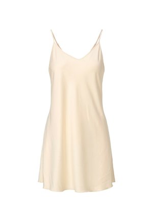 Beige slip dress with thin spaghetti straps, V-neckline, and a smooth, shiny fabric. Loose-fitting with a slightly flared hem.