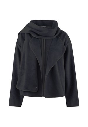 Mörk fleecejacka med en draperad design, som har en bred krage, framzipper och kontrasterande kant längs kanterna. Mjuk textur.