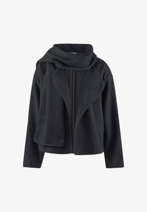 Czarna polarowa kurtka o luźnym kroju, z szerokim kołnierzem, z przodu na zamek błyskawiczny oraz kontrastowymi wykończeniami na brzegach. Miękka w dotyku.