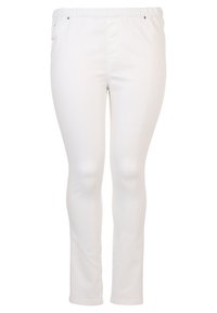 Bílé kalhoty z elastické tkaniny s elastickým pasem, slim fit a bez viditelných kapes. Hladký povrch s rovnými nohavicemi.