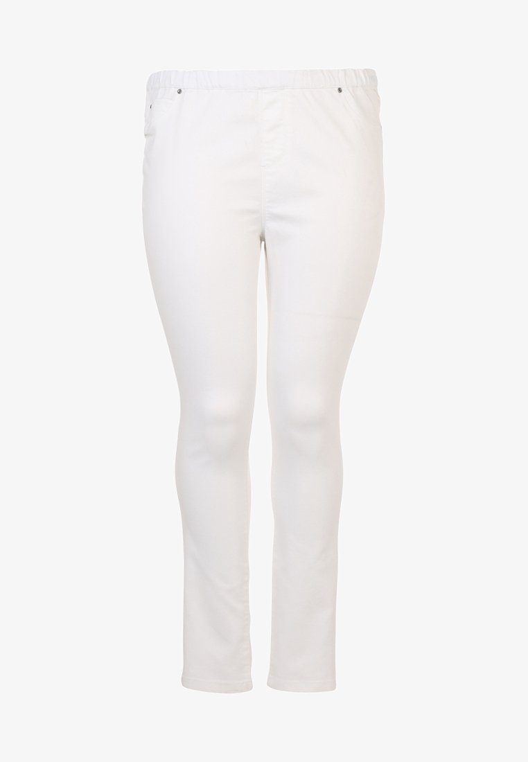 Bílé kalhoty z elastické tkaniny s elastickým pasem, slim fit a bez viditelných kapes. Hladký povrch s rovnými nohavicemi.