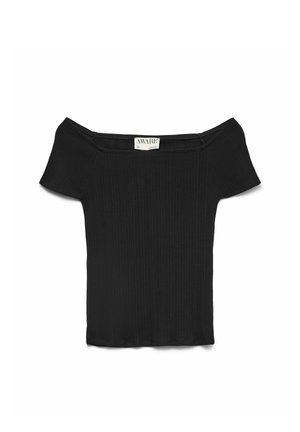 Haut court noir côtelé, à épaules dénudées, manches courtes, avec un décolleté droit et une étiquette "AWARE" au col.