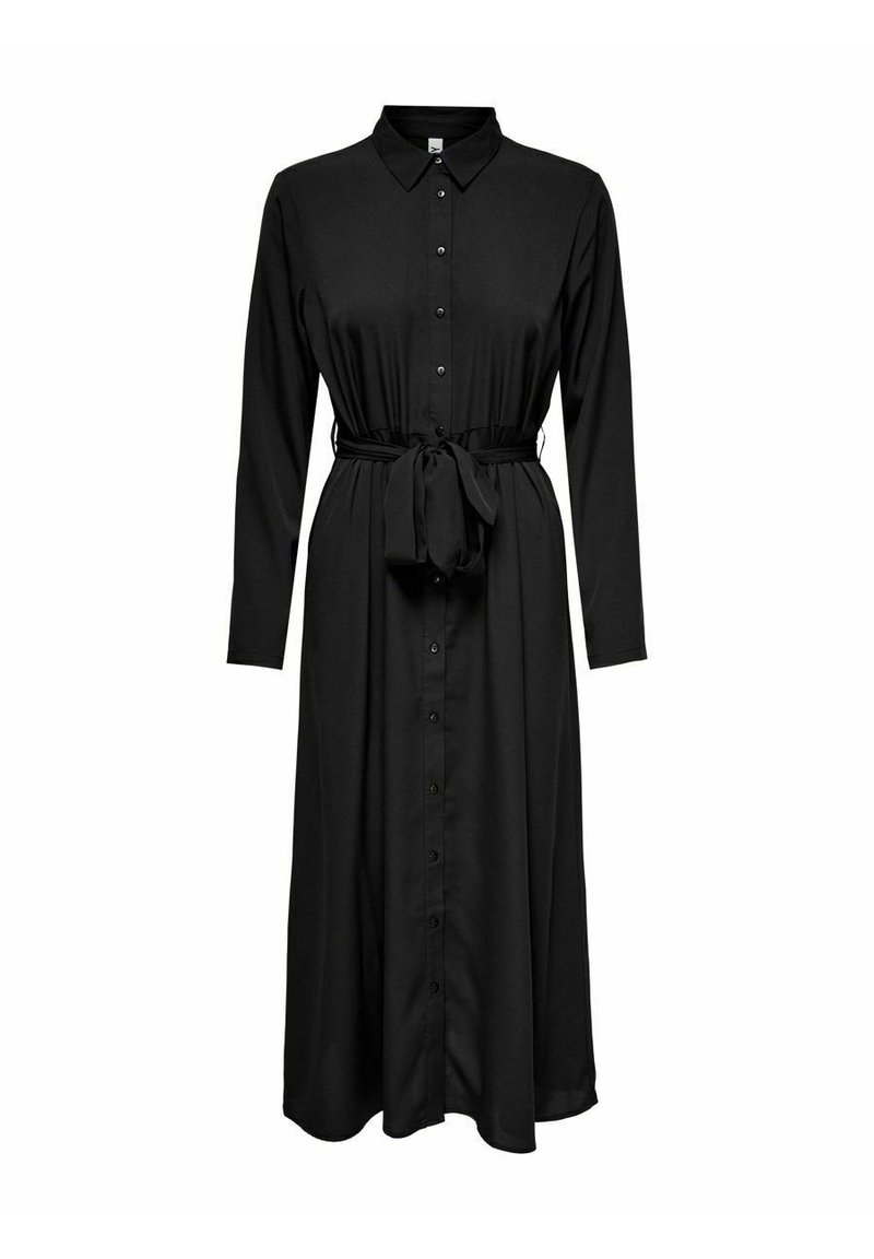 Vestito camicia nero con bottoni realizzato in tessuto morbido, con maniche lunghe, vita legata e orlo al ginocchio.