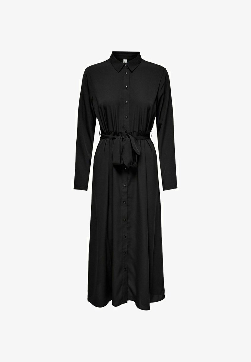 Black button-up shirt dress made of smooth fabric, featuring long sleeves, a tied waist, and a knee-length hem.