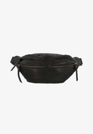 Schwarze Leder-Gürteltasche mit zwei vorderen Reißverschlusstaschen und verstellbarem Riemen, vor weißem Hintergrund gezeigt.