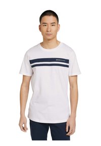 White cotton t-shirt featuring a crew neck, short sleeves, and navy horizontal stripes with text branding across the chest.