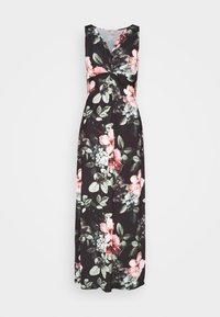 Robe maxi fleurie en tissu noir, avec un col en V, un détail torsadé à la taille, et de grands motifs floraux roses et verts.