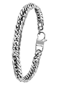 Zilveren kettingarmband met een gedraaide schakeldesign, stevige karabijnhaak, een gladde glanzende textuur en een uniforme breedte over de hele lengte.