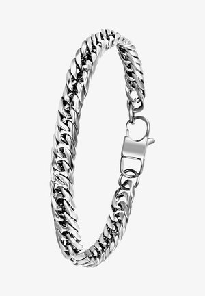 Zilveren kettingarmband met een gedraaide schakeldesign, stevige karabijnhaak, een gladde glanzende textuur en een uniforme breedte over de hele lengte.