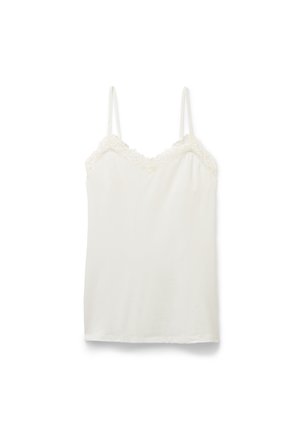 Witte satijnen hemd met kanten afwerking langs de V-hals en dunne verstelbare schouderbandjes.