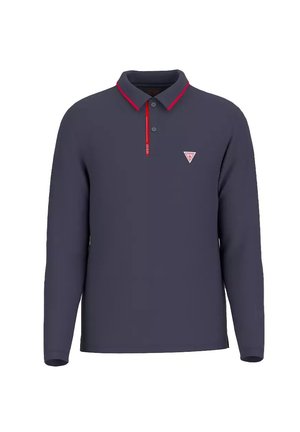Polo a maniche lunghe blu navy con rifiniture rosse sul colletto e sulla patta, abbottonata, con un piccolo logo triangolare sul petto sinistro.