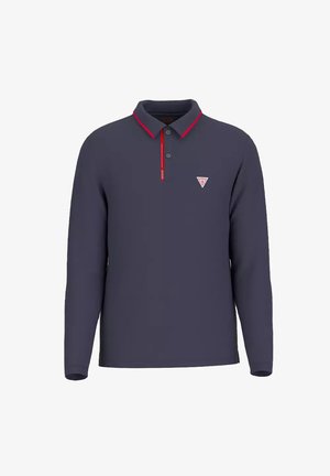 Polo a maniche lunghe blu navy con rifiniture rosse sul colletto e sulla patta, abbottonata, con un piccolo logo triangolare sul petto sinistro.