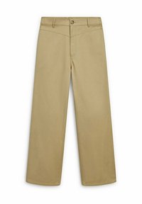 Beżowe spodnie typu wide-leg z bawełnianego materiału, z zapięciem na guzik, paskiem i czystymi liniami bez wzorów czy akcentów.