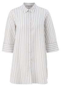 Wit overhemd met lichte beige verticale strepen, voorzien van een klassieke kraag en driekwart mouwen met gestreepte manchetten.