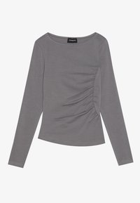 Long-sleeve gray top with a crew neckline, featuring side gathering details and a fitted design, made from a soft, stretchy fabric.