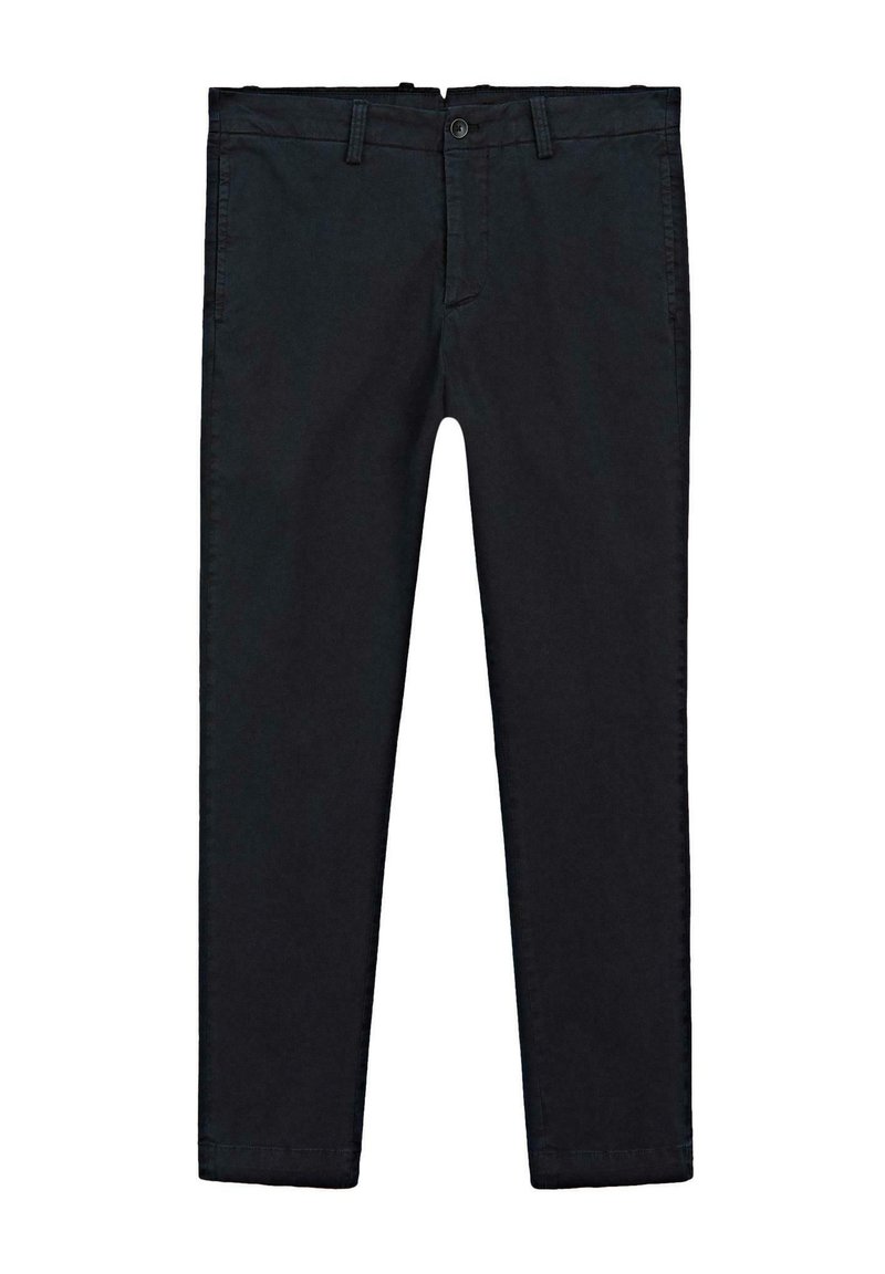 Chinos neri in cotone con design a gamba dritta. Presentano una chiusura con bottone, tasche frontali e una texture liscia. Semplici e versatili.